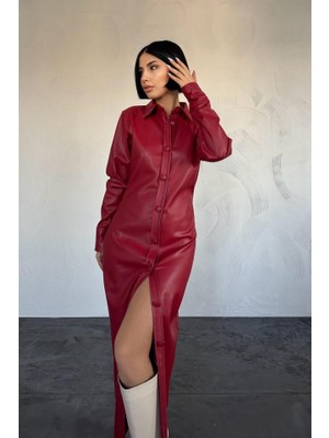 Gelirr Fuşya Boydan Düğmeli Deri Elbise