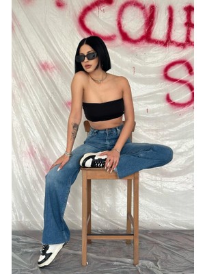 Gelirr Mavi Yüksek Bel ve Geniş Paça Jeans Pantolon