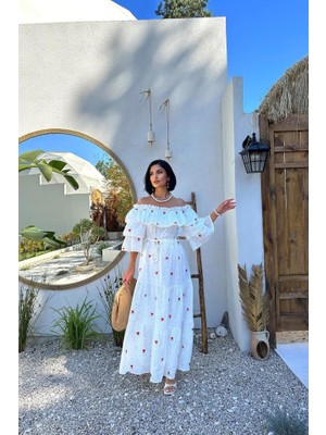 Gelirr Kırmızı Omuzları Lastikli Brode Elbise