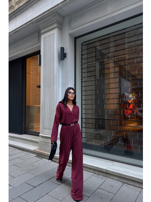 Gelirr Çizgili Bluz - Pantolon Takım - Bordo