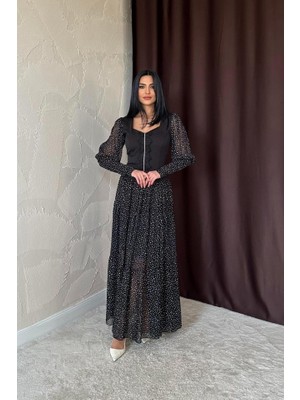 Gelirr Siyah Dantelli Taşlı Şeritli Elbise