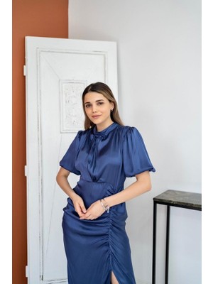 Gelirr Indigo Büzgülü Saten Elbise