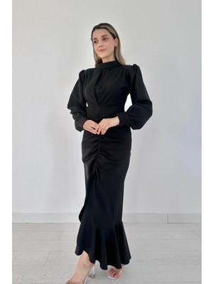 Gelirr Siyah Volanlı Uzun Kol Elbise