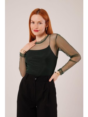 Gelirr Transparan Yeşil Tül Basic Bluz