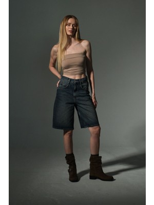 Toka Detaylı Bol Kesim  Rahat Baggy Jean Kot Salaş Kadın Bermuda Diz Altı  Denim Şort @casoria