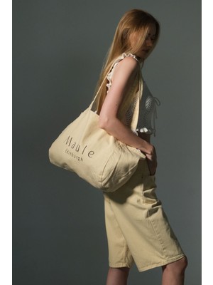 Maule Nakış Detaylı Ortaboy %100 Pamuk Indigo Kadın Omuz Çantası Tote Bag