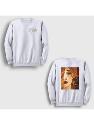 Presmono Unisex Beyaz Golden Tears Freya Gustav Klimt Sırt Baskılı Sweatshirt