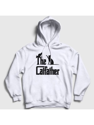 Presmono Unisex Beyaz The Catfather Hediye Kedi Babası Kapüşonlu Sweatshirt