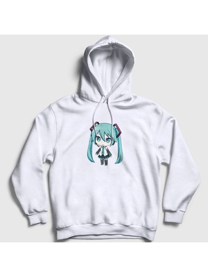 Presmono Unisex Beyaz Hatsune Miku Chibi Anime Kapüşonlu Sweatshirt