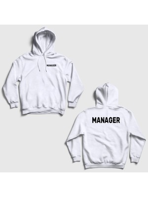 Presmono Unisex Beyaz Yönetici Müdür Manager Sırt Baskılı Kapüşonlu Sweatshirt