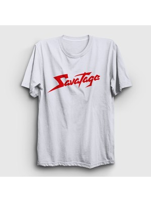 Presmono Unisex Beyaz Logo Metal Savatage T-Shirt