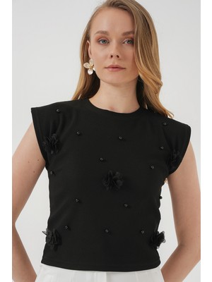 929 Kısa Kol Örme Bluz - Siyah