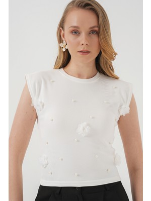 929 Kısa Kol Örme Bluz - Beyaz