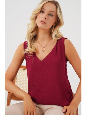 Bigdart Kadın Bluz Kolsuz V Yaka Düz Desenli Likra Malzeme ile Bordo 950 Model