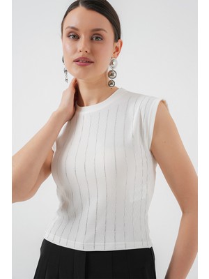 Kadın Sıfır Kol Taşlı Bluz 931 - Beyaz