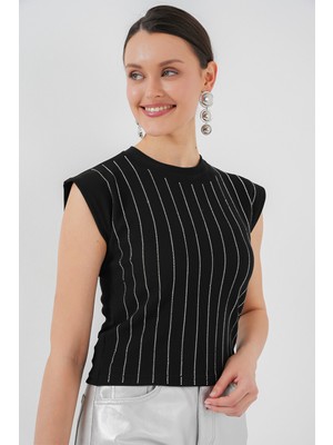 Kadın Sıfır Kol Taşlı Bluz 931 - Siyah