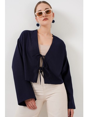 Önü Bağlamalı Keten Kimono 960 - Lacivert