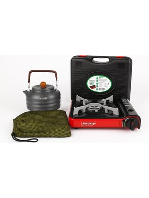 Orcamp Tekli Portatif Kamp Ocak Gaz Stop Emniyetli + OUT-1310 Lüks Kamp Çaydanlığı
