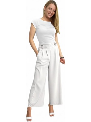 Kadın Yüksek Bel Tokalı Kemer Görünümü Wide-Leg (Geniş Paça) Palazzo Pantolon