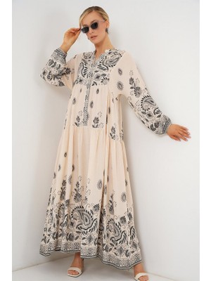 Passense 2423 Otantik Desenli Tesettür Elbise - Siyah - Krem