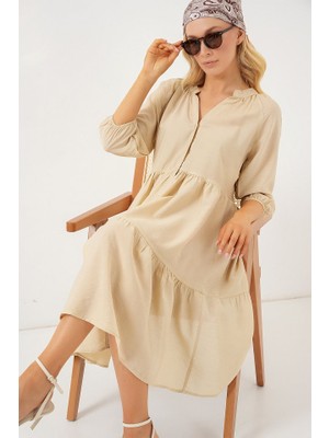 Passense Düğmeli Kısa Kol Elbise 2559 - Krem