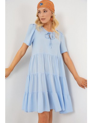 Alinn Butikk Kısa Kol Kısa Elbise 2554 - Mavi