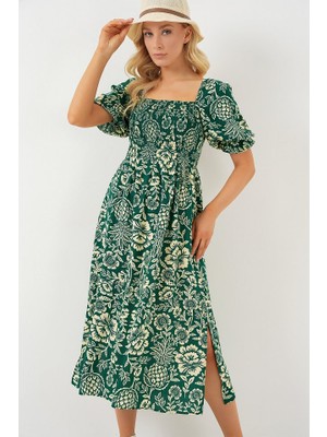 Alinn Butikk 2512 Desenli Yırtmaçlı Elbise - Zümrüt Yeşili