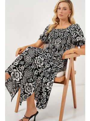 Alinn Butikk 2512 Desenli Yırtmaçlı Elbise - D. Siyah