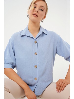 Gökyüzü Moda Kısa Kol Oversize Keten Gömlek 20240 - B.mavi