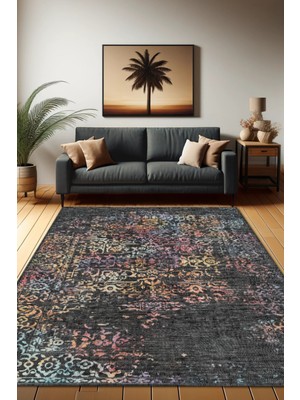 The Reef Design Siyah Renkli Eskitme Halı Dijital Baskılı Dokuma Kaymaz Tabanlı Yıkanabilir Antialerjik Oturma Yazlık Halısı