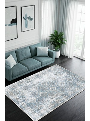 The Reef Design Mavi Eskitme Kilim Desenli Halı Dijital Baskılı Dokuma Kaymaz Tabanlı Yıkanabilir Antialerjik Yazlık Halısı