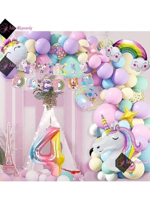 4 Yaş Karakterli Unicorn Temalı Iyi Ki Doğdun Makaron Balon Doğum Günü Parti Kutlama Seti BMCNM344