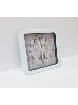 UltraNova Desenli Kare Masa Saati 15x15x4 cm, Analog, Plastik, Beyaz Renk