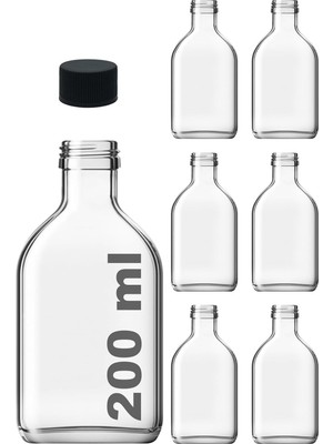 200 cc Kapaklı Cold Brew Şişesi 200 ml Yassı Soğuk Kahve Cam Şişe 6 Adet (Siyah (Plastik))