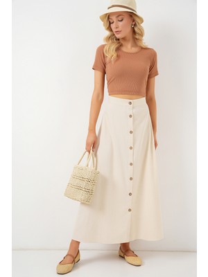 Kadın Düğmeli Keten Uzun Etek 8046 - Krem