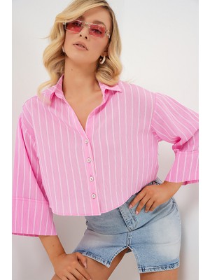Kadın Çizgili Oversize Kısa Gömlek 20326 - Pembe