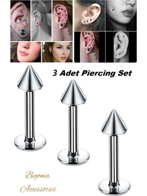 Begonia Accessories  Cerrahi Çelik, 6 mm 8 mm 10 mm  Bar, 3 Adet Septum Spike Labret Piercing Küpe Set, Kaş, Dudak, Burun, Kulak Kullanımına Uygundur