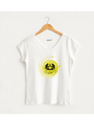 İkizler Burcu V Yaka Beyaz Tasarım Kadın T-Shirt