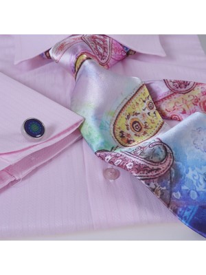 Pembe Kendinden Çizgili Hediyelik Kutulu Duble Manşet Gömlek Kol Düğmesi ve Kravat Seti