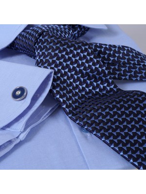 Gök Mavi Kendinden Çizgili Hediyelik Kutulu Duble Manşet Gömlek Kol Düğmesi ve Kravat Seti