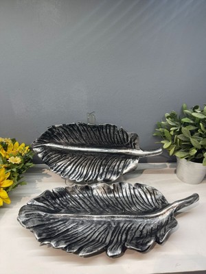 Dekoratif Polyester Ikili Yaprak Sunumluk Gümüş Siyah Eskitme