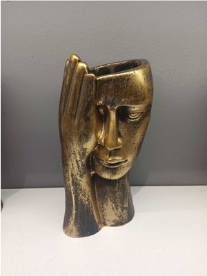 Dekoratif Polyester Tekli Kadın Yüzlü Saksı Vazo Gold Eskitme