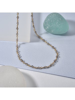 Nox Jewelry 14K Altın Kaplama Dumanlı Kuvars Taşlı Rosary Zincir Kolye Gri Minimal Tesbih Zincir Kadın Kolye