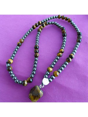 Kaplan Gözü Taşı Kolye 8 mm Hematit Taşı Kolye 6 mm Doğal Taş Kolye Bohem Kolye Doğal Taş Kolye