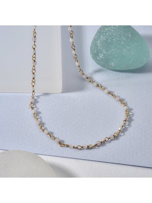 Nox Jewelry 14K Altın Kaplama Pembe Kuvars Taşlı Rosary Zincir Gümüş Kolye Açık Pembe Minimal Zincir Kadın Kolye- CNS00637