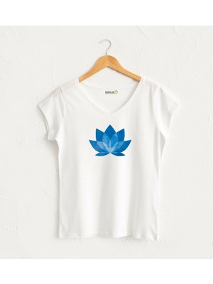 Mavi Lotus Yoga V Yaka Kadın Beyaz Tasarım T-Shirt