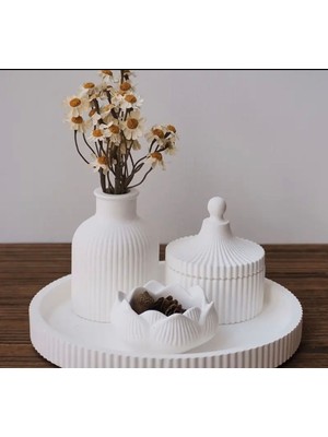 4 Lü Set Dekoratif Sunum Tepsili Tasarım Vazo ve Yaşam Çiçeği Mumluk