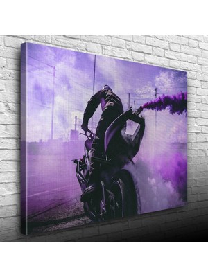 Mor Dumanlar Saçan Motosiklet ve Sürücüsü Kanvas Tablo 50 x 70