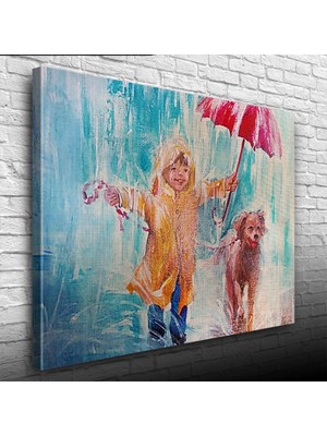 Yağmurda Koşan Çocuk ve Köpeği Kanvas Tablo 50 x 70