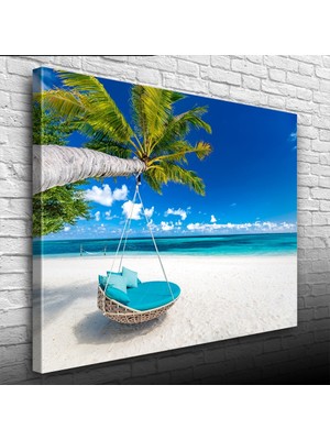 Kumsal Mavi Salıncak, Deniz ve Palmiyeler Kanvas Tablo 50 x 70